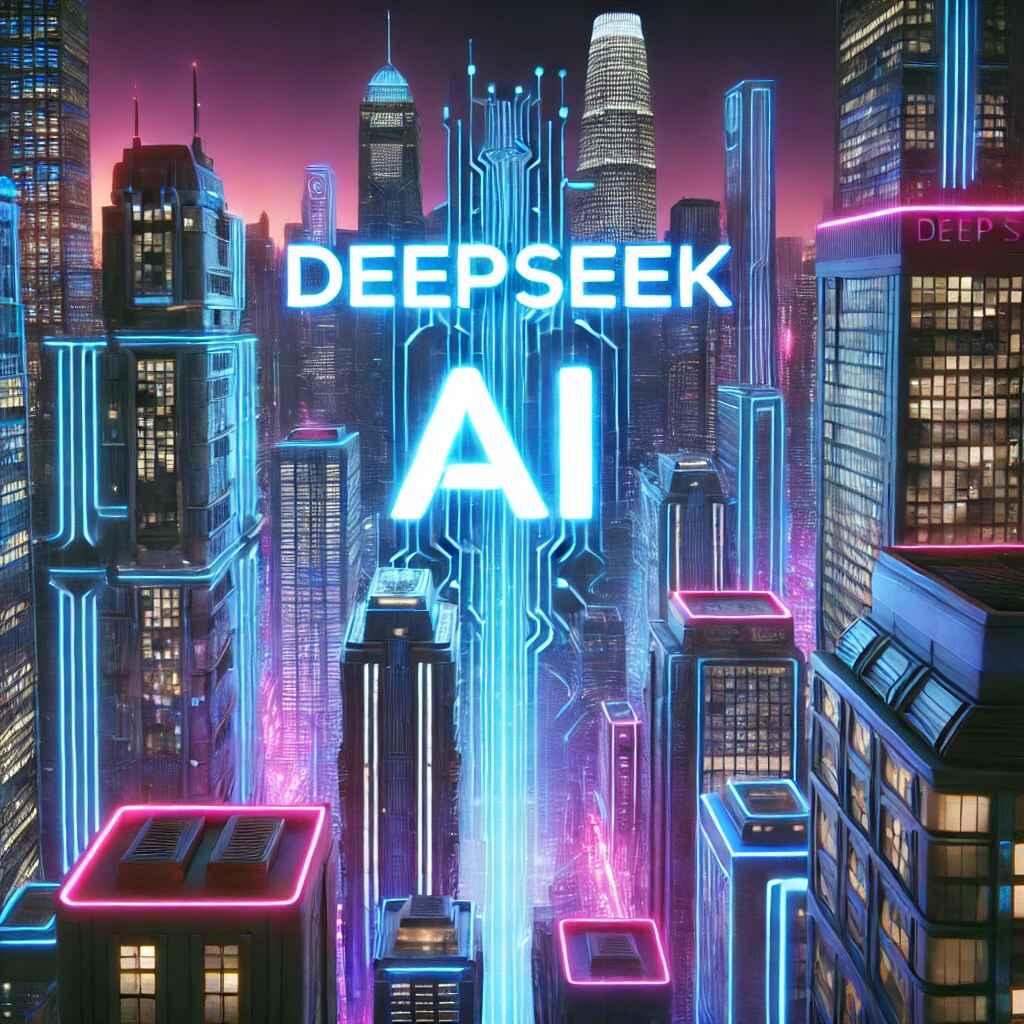 Deepseek AI, A futuristic cityscape at night with towering skyscrapers. Between the buildings, the words 'DeepSeek AI' appear as glowing neon lights, blending seam,